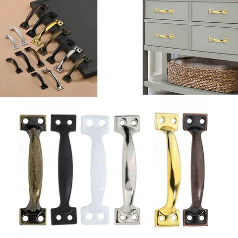 Various door pulls including Vintage Five Inch Door Pulls 2 Pack Bow Shaped Gate Handles In Red Bronze Finish, displayed on handles and drawers.