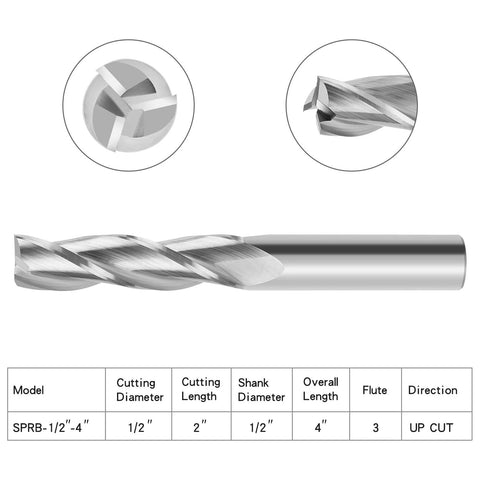 Carbide UP-CUT router bit, 1/2 in shank, 1/2 in cutting diameter, 2 in cutting length, 4 in overall length, 3 flutes