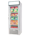 Straight Up Heavy Duty 30 Inch Reach In Merchandiser Freezer With One Section Triple Pane Glass Door And Bright LED Lighting Twenty Seven Cubic Feet White Exterior displaying frozen food.