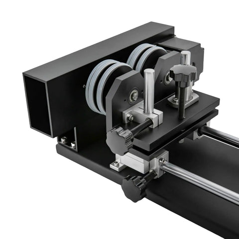 Rock Solid Rotary Attachment For Precision Engraving And Wood Carving freestanding motorized axis with aluminum build close-up view.