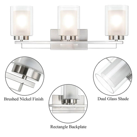 Three Light Brushed Nickel Vanity Light With Dual Glass Shades Sleek Modern Indoor Wall Mount Fixture For Bathroom And Kitchen Up Or Down Install Hardwired Interior Lighting with detailed view of brushed nickel finish and dual glass shades.