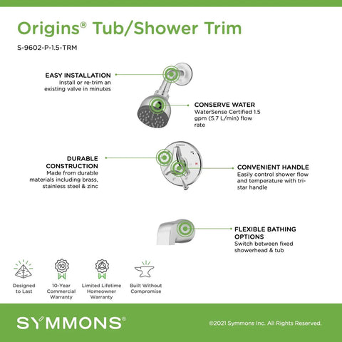 Origins Tub And Shower Faucet Trim Kit With Single Handle And 1 Spray Polished Chrome Finish 1.5 GPM Valve Not Included features