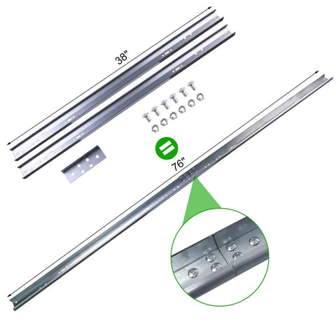 Vertical Track Replacement Kit For 7 Foot Garage Doors With 76 Inch Spliced Rails In Galvanized Steel hardware pack and rail close-up