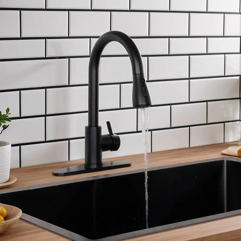 Stainless Steel Kitchen Faucet With Pull Down Sprayer, Farmhouse Brushed Nickel Finish over a black sink in modern kitchen