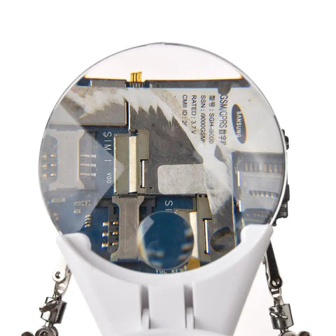 Heavy Duty Clamping Magnifying Glass Lamp With Adjustable Height And Angle For Precision Welding Repairs Desktop Workbench Maintenance Jobs, magnifying detail of circuit board.