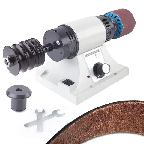 Heavy Duty Electric Leather Edge Burnishing Machine With Variable Speed Dial Up To 8000 Rpm and accessories for precise polishing.