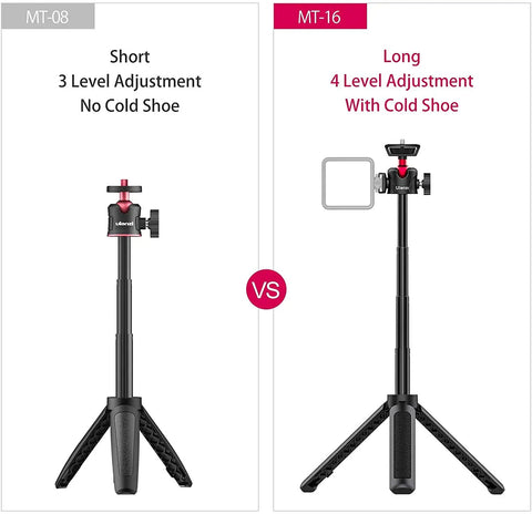 Comparison of Two In One Mini Tripod Selfie Stick For iPhone And Camera Mount With 360 Degree Ball Head And Cold Shoe, short vs long
