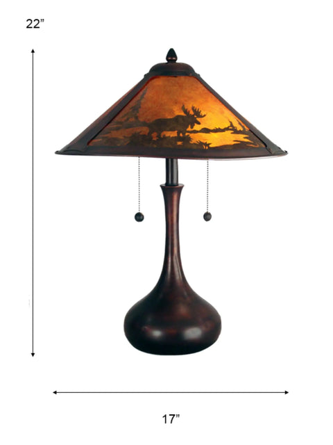 Two Light Table Lamp In Bronze Dark Finish With Deep Brown Mica Art Glass And Filigree Detailing From Classic Mica Collection 17 Inch Tall Ideal For Living Room Desk Or Bedroom Ambient Lighting, side view with moose design shade.