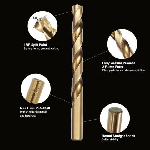 Pro Grade Cobalt Drill Bit Set M35 HSS 135 Degree Twist Jobber Length Built For Hardened Metal Wood Plastic Stainless Steel Cast Iron.
