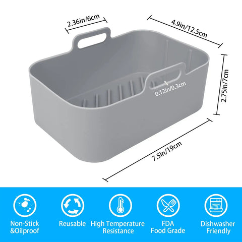 Gray silicone liner with dimensions for two pack air fryer silicone liners nonstick reusable basket liners food safe and heat resistant up to 428 degrees Fahrenheit durable tray replacement for easy cleanup fits most air fryers.