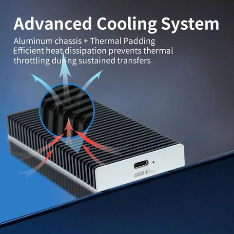 Kickass External NVMe SSD Enclosure Supporting Thunderbolt 4 And USB4 shows advanced aluminum cooling system for efficient heat dissipation.
