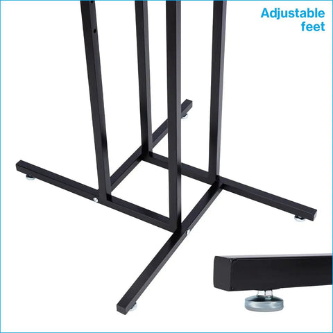 Black 4 Way Adjustable Clothing Rack With Slanted Arms Retail Display Stand showing adjustable feet on base frame