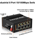 Front view of Eight Port Industrial Ethernet Switch Unmanaged 10/100 Mbps DIN Rail Network Switch IP40 Built Tough For Harsh Environments