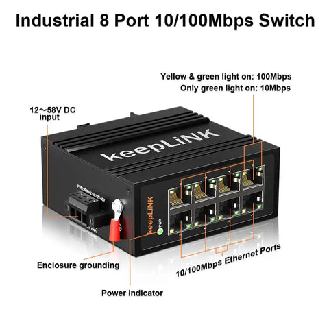 Front view of Eight Port Industrial Ethernet Switch Unmanaged 10/100 Mbps DIN Rail Network Switch IP40 Built Tough For Harsh Environments
