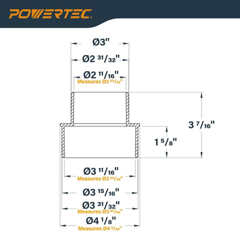 Technical diagram of Hella Tough 4 To 3 Inch Dust Collection Reducer Flex Coupler with detailed measurements.