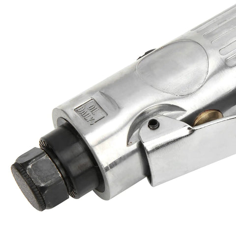 Close-up of Badass Workhorse Air Powered Die Grinder With Sleek 90 Degree Bent Shaft, showcasing the metal body and attachment.