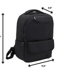 Smell Proof Executive Tech Adventure Backpack Hits Different With A Secret Combo Lock And Usb C Pass Through Port For Your Fifteen Inch Laptop In Clean Titanium Black Finish, side view with dimensions.