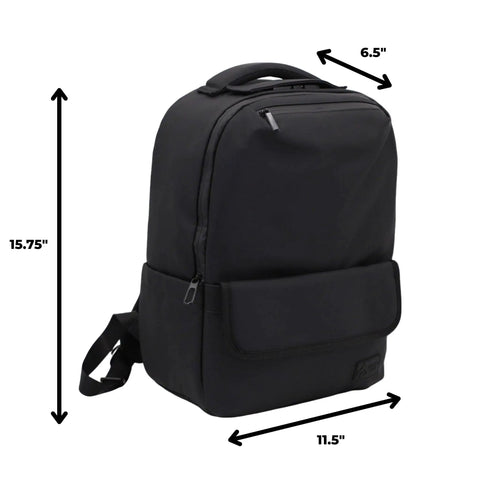 Smell Proof Executive Tech Adventure Backpack Hits Different With A Secret Combo Lock And Usb C Pass Through Port For Your Fifteen Inch Laptop In Clean Titanium Black Finish, side view with dimensions.