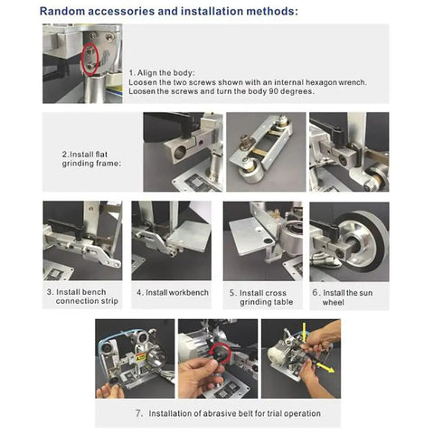 Installation steps for Heavy Duty 550W Belt Sander With Brushless Motor And 762x25 Mm Sanding Belt showing various parts.