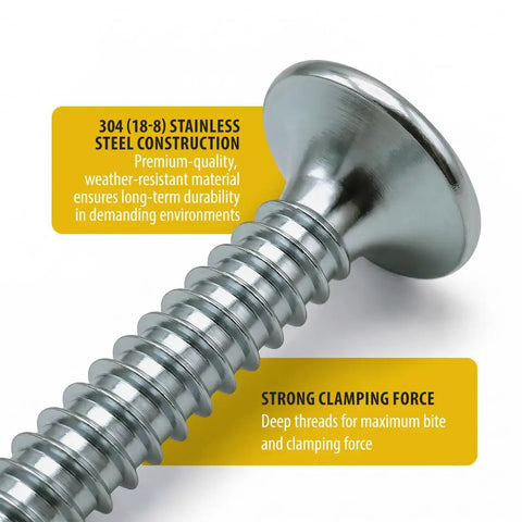 Heavy Duty Size 6 X 1/2 Inch Stainless Steel Flat Head Wood Screws, showing Philips drive and strong clamping force.