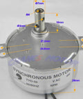 110V TYD-50 Electric Synchronous Micro Motor 30-36 RPM CW CCW with metal gear train, measurements displayed, compact design