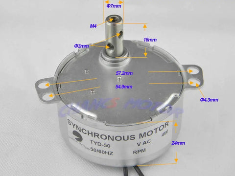 110V TYD-50 Electric Synchronous Micro Motor 30-36 RPM CW CCW with metal gear train, measurements displayed, compact design