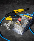 All In One Cable Tester Kit For RJ11 RJ12 RJ45 With LAN Testing Pass Thru Crimper CAT6 CAT5e Plugs And Strain Relief Boots 5 Piece Pro Set