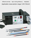 Top Shelf Electric Crimping Pliers With Integrated Wire Stripper And Cutter 90 Watt Terminal Press Tool For Recycling Copper Cable showing control panel and connectors.