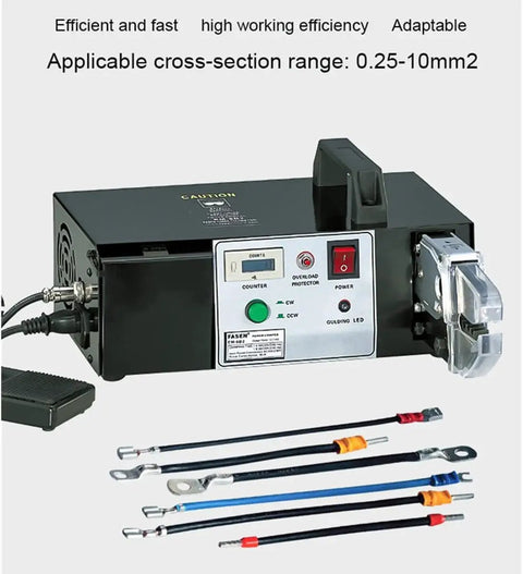 Top Shelf Electric Crimping Pliers With Integrated Wire Stripper And Cutter 90 Watt Terminal Press Tool For Recycling Copper Cable showing control panel and connectors.