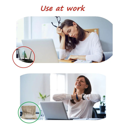 Comparison of a woman stressed using a laptop without a Premium Copper Nickel Polyester Faraday Cage WiFi Router Shield Cover and relaxed with it.