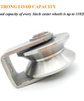 Side view of a stainless steel V groove wheel heavy duty caster with bracket for sliding gates and industrial machines, rigid track wheel pulley.