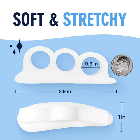 Hammer Toe Corrector Gels With All Day Relief For Crooked And Overlapping Toes Soft Cushioned Support Symptomatic Toe Alignment White 3 Loop Design 2 Pairs Comfortable Gel Fit For Men And Women shown with dimensions and coin for scale.