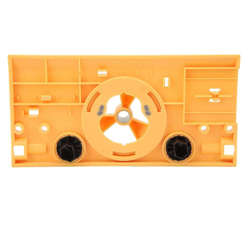 Front view of orange ABS hinge boring jig for 35mm holes, woodworking drill guide.