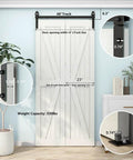 Front view of 4ft Bi Folding Sliding Barn Door Hardware Kit for two doors with matte black finish, installed in home office.