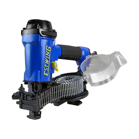 Workhorse Pneumatic 15 Degree Coil Roofing Nailer With One Quarter Inch NPT Swivel Fitting and Bag in blue showing nail chamber