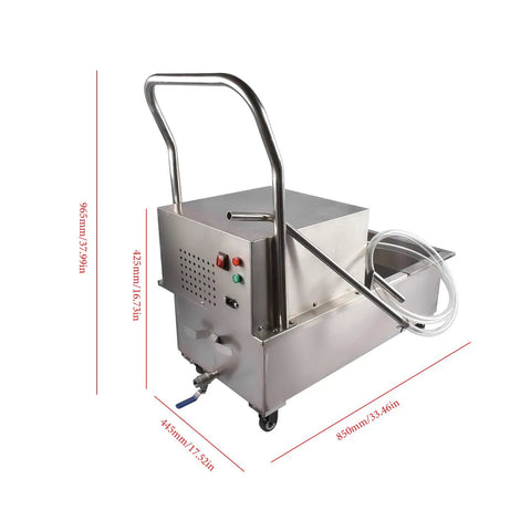 Heavy Duty 370W Commercial Fryer Oil Filter Cart With Stainless Steel Body For Restaurants, showing pump and hoses for efficient oil filtration.