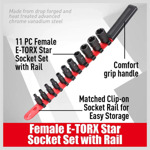 11-Piece E-Torx Socket Set With Rail And Organizer External Sockets E4 To E20 Drop-Forged Chrome Vanadium Steel With Black