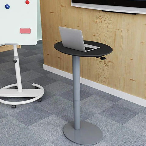 Heavy Duty Pneumatic Lectern With Smooth Height Adjustment Mobile Presentation Podium featuring a black top and silver base in an office setting.