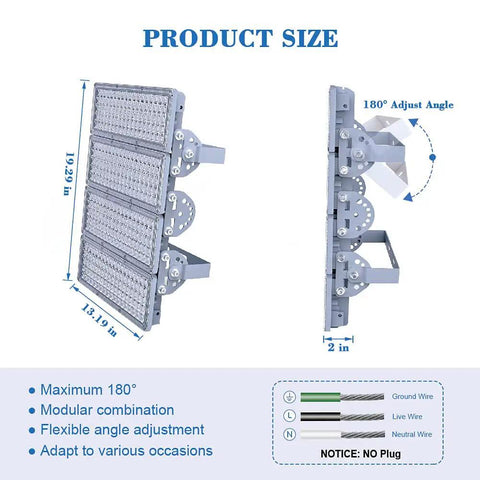 400W LED Stadium Flood Lights Outdoor Beast Mode Bright 56000 Lumens 6500K Daylight IP67 Waterproof 6KV Surge Adjustable Size Diagram