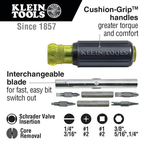 11-In-1 Multi-Bit Screwdriver And Nut Driver For HVAC Pros with bits and Cushioned-Grip handle, Klein Tools brand.