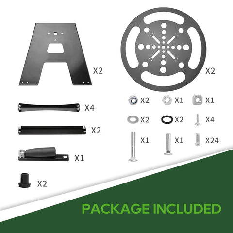 Package includes components for Heavy Duty RV Power Cord Reel For Fifty Amp Cables Holds Up To Fifty Feet Of Six Three Plus One Eighth AWG Cable
