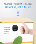 Smart Biometric Cabinet Lock With Fingerprint Access And Bluetooth App Control shown on white cabinet, thumb up for unlocking.