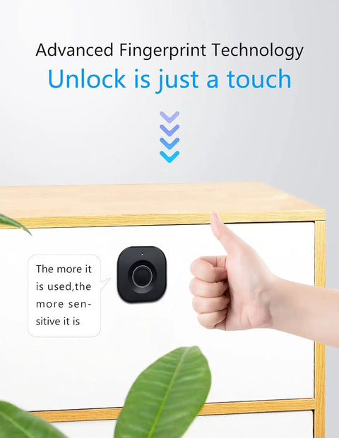 Smart Biometric Cabinet Lock With Fingerprint Access And Bluetooth App Control shown on white cabinet, thumb up for unlocking.