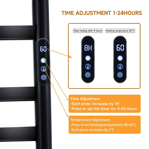 Close-up of control panel on Ten Bar Heated Towel Rack For Bathroom No Fuss Wall Mount Towel Warmer With Timer And Temperature Control Plug In Electric Bath Heater Fast Safe Carbon Fiber Heating Matte Black Finish, showing timer and temperature settings.
