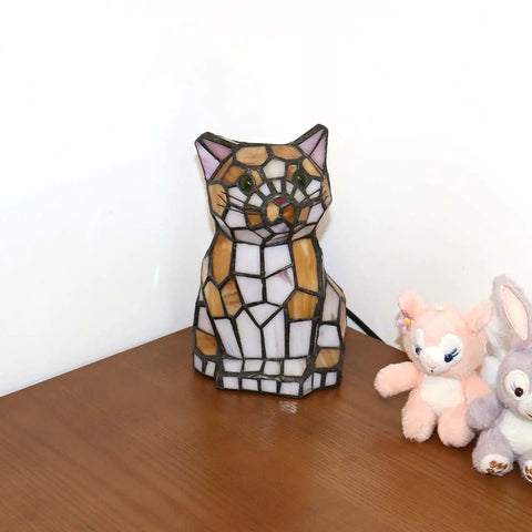 Cute Cat Tiffany Style Stained Glass Accent Table Lamp Cozy Night Light For Home Decor Yellow One Cat Design 8 Inch High