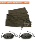 Snakeskin Tarp Sleeve 12ft Camping Rain Fly Storage Kit, OD Green, lightweight durable outdoor gear, shown with sacks.