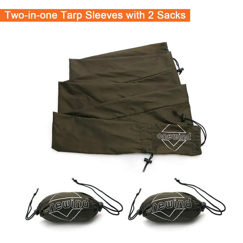 Snakeskin Tarp Sleeve 12ft Camping Rain Fly Storage Kit, OD Green, lightweight durable outdoor gear, shown with sacks.
