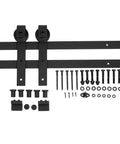 Amazon Basics Sliding Barn Door Hardware Kit 6.6 Foot J Shape Matte Black Carbon Steel 200 Lb Capacity Designed For 36 Inch Doors 1 3 8 To 1 3 4 Inch Thick Includes 2 Rails Rail Supports Rollers Bumpers Stops Floor Guide components displayed on a white background.