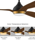 52 Inch Gold Boho Ceiling Fan With Dimmable LED Light showing color temperature options: warm, cool, full light
