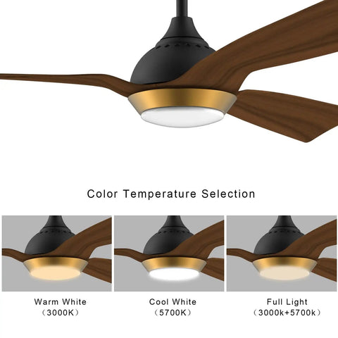 52 Inch Gold Boho Ceiling Fan With Dimmable LED Light showing color temperature options: warm, cool, full light